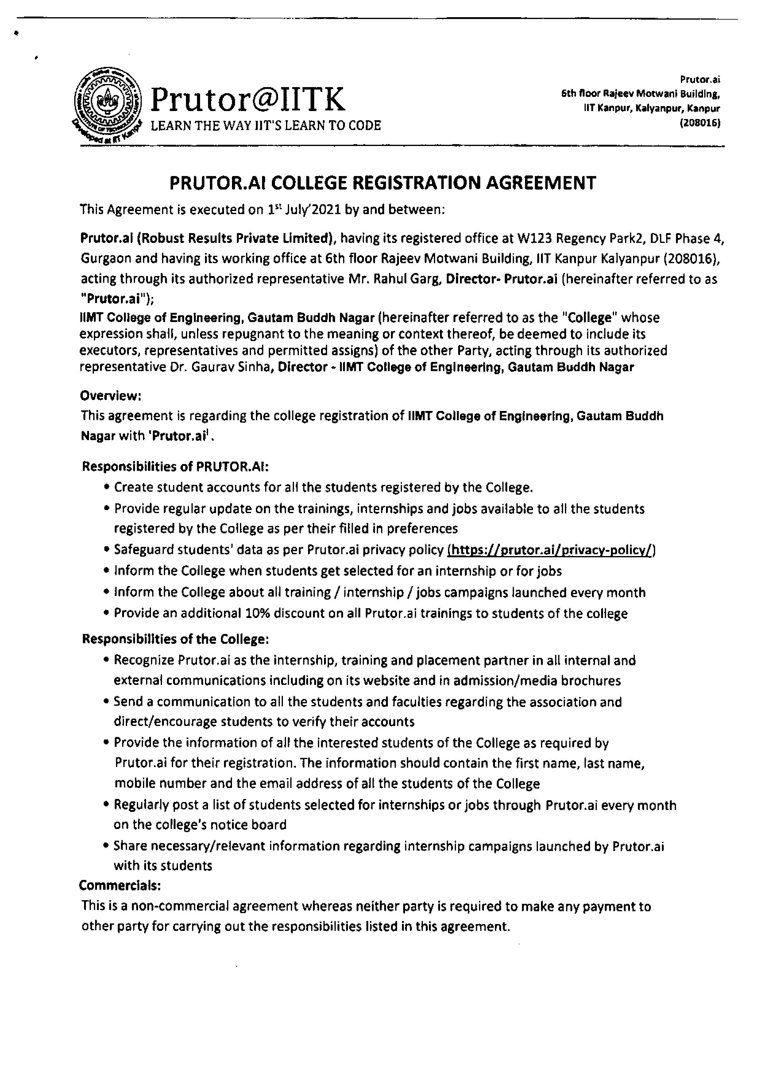 Agreement between Prutor@IITK & IIMT College of Engineering
