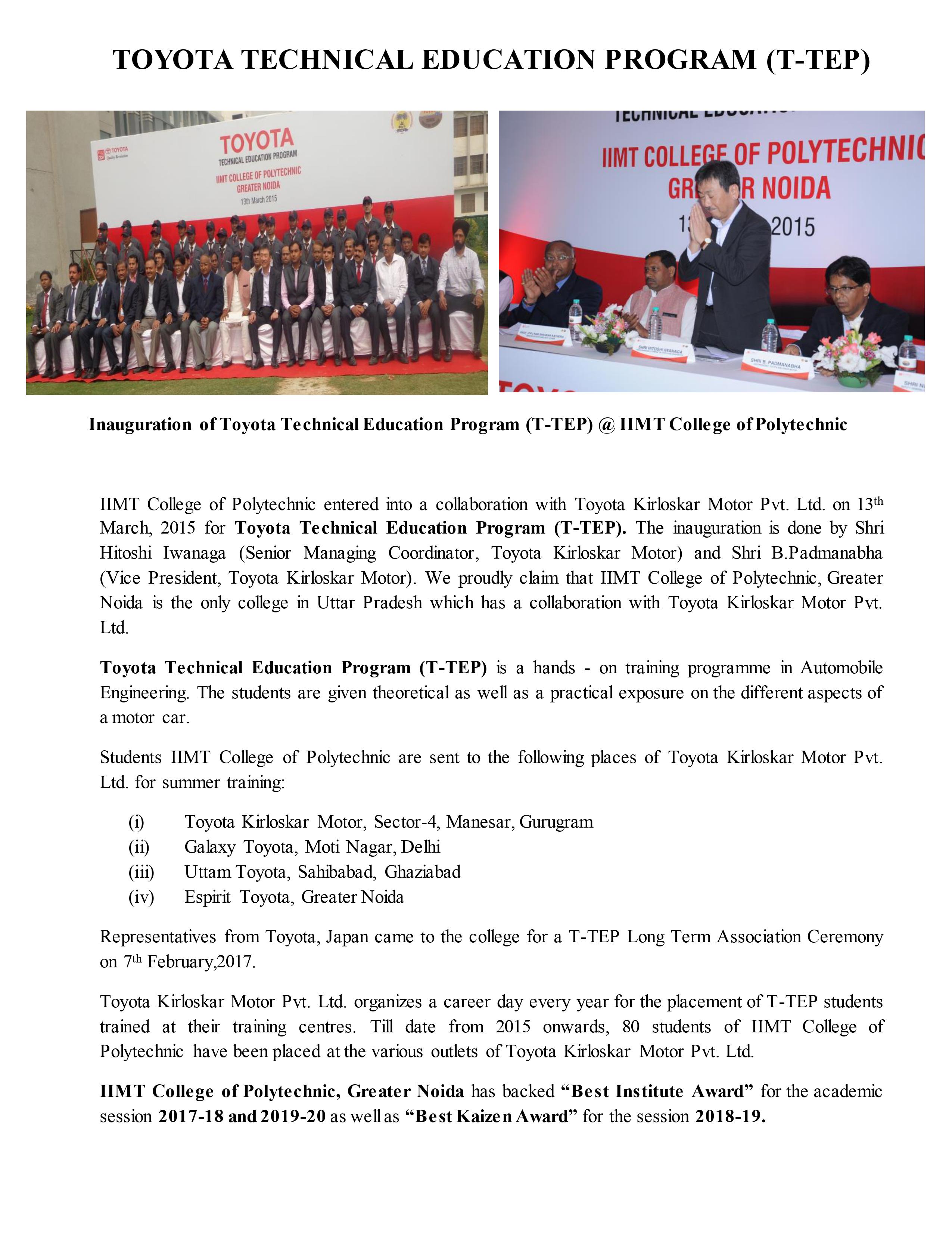 MoU Between IIMT and TOYOTA  for Technical Education Program    (T-TEP)