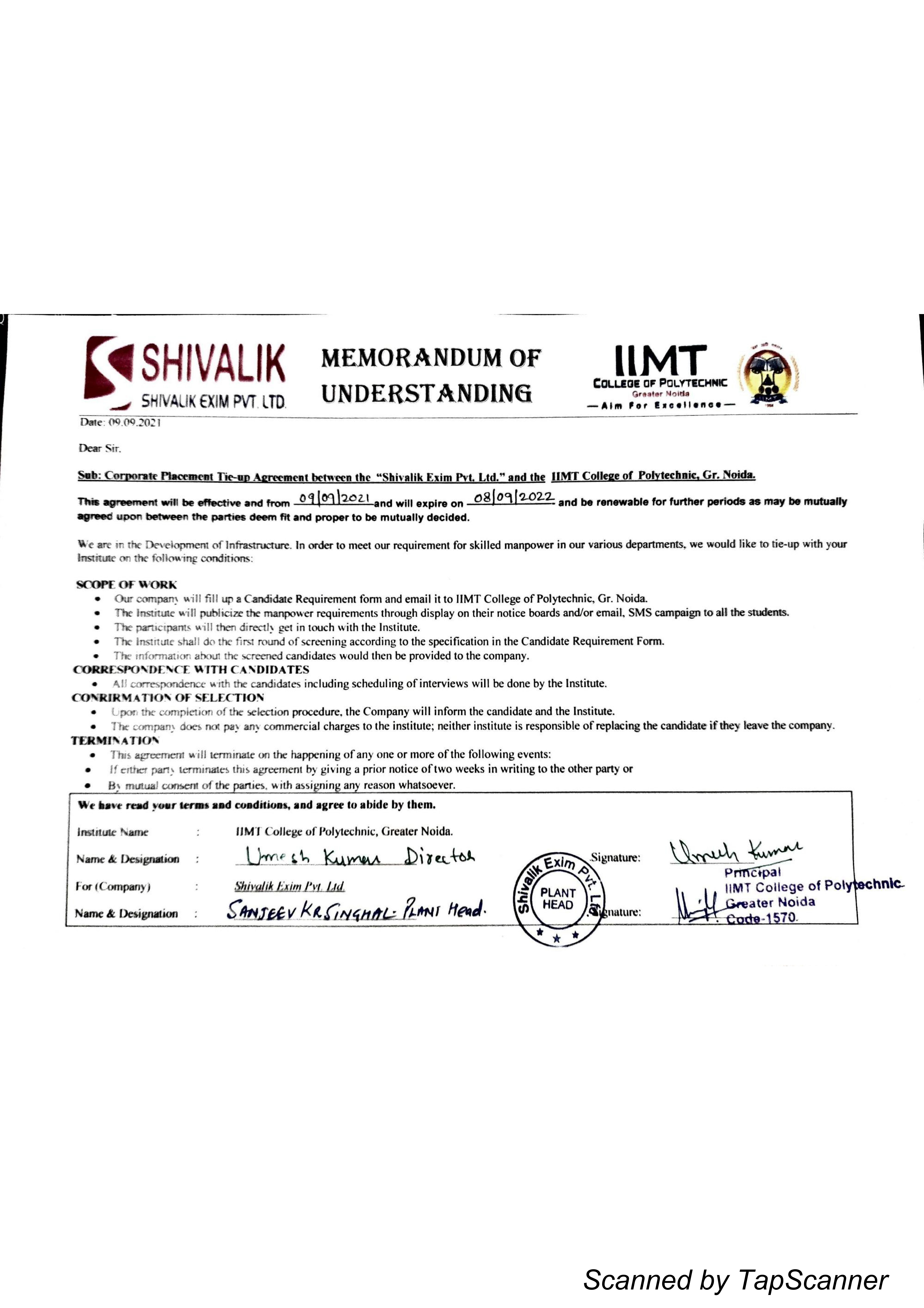 MOU Signed Between IIMT College of Polytechnic and Shivalik Exim Private Limited