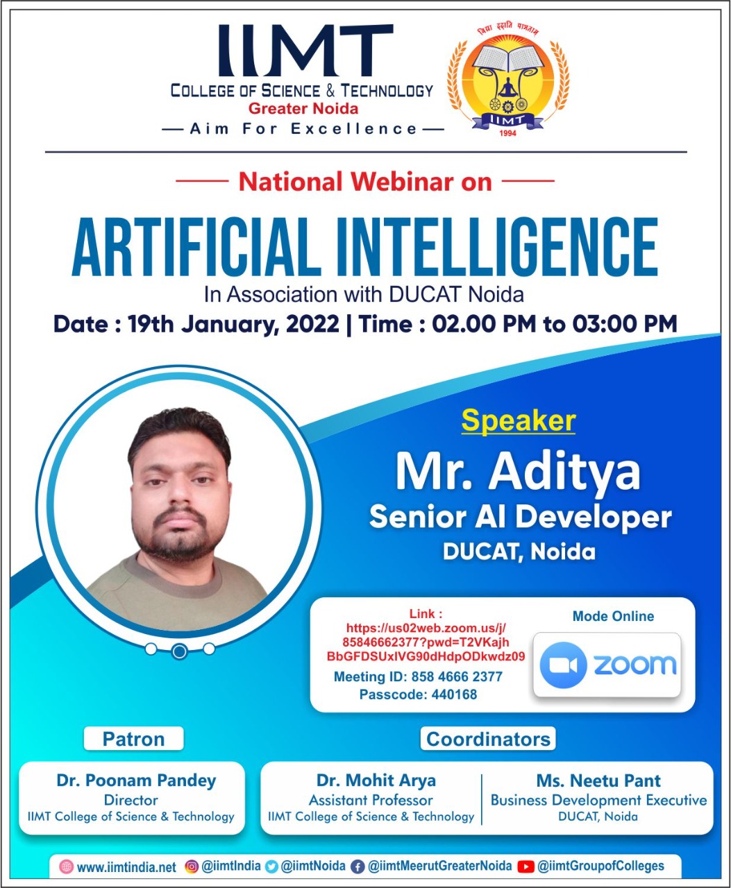 National Webinar on ARTIFICIAL INTELLIGENCE in Association with DUCAT Noida on 19th January 2022 