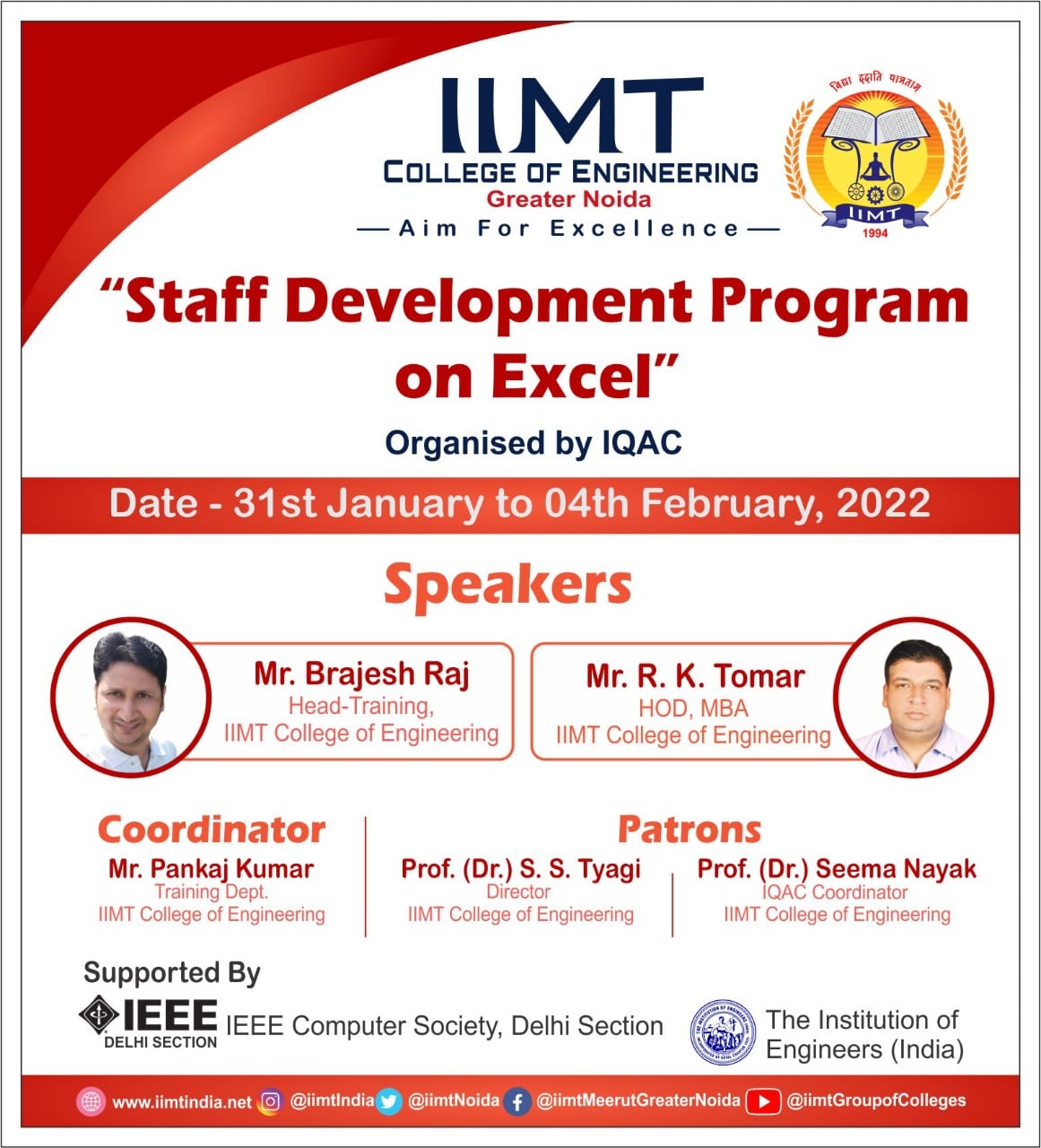 IQAC, IIMT College of Engineering, Greater Noida Organizing Staff Development Program on Excel