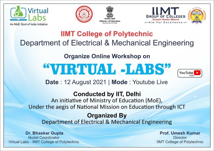 Online Workshop on Virtual Labs is going to be held on 12th August 2021